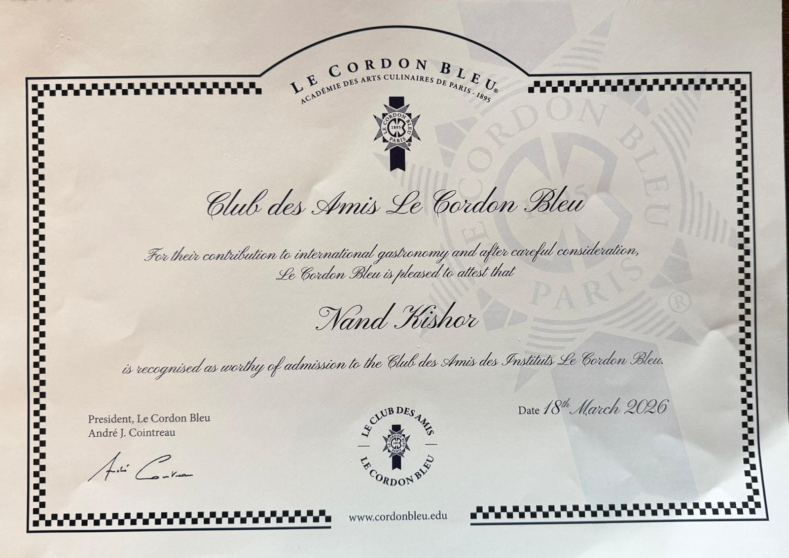 Chef Nand certificate or award