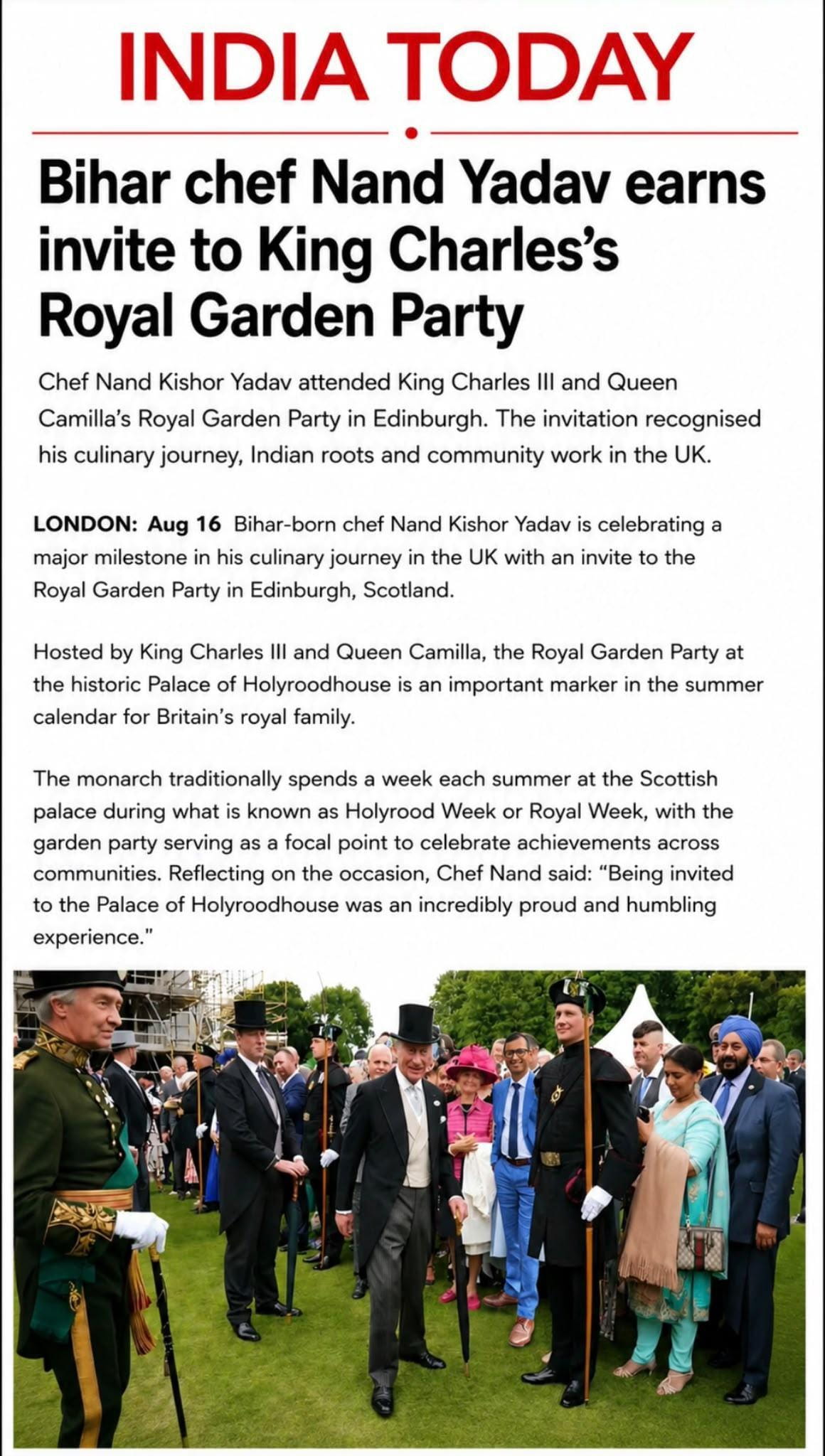Bihar chef Nand Kishor Yadav invited to King Charles III Royal Garden Party in Edinburgh